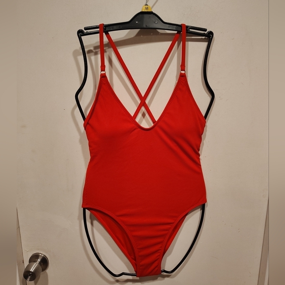 Fashion Nova Red Ribbed One-Piece Swimsuit